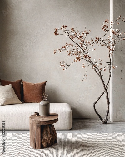 Minimalist living room interior with a white sofa, a wooden side table, and a vase with branches against a neutral wall.