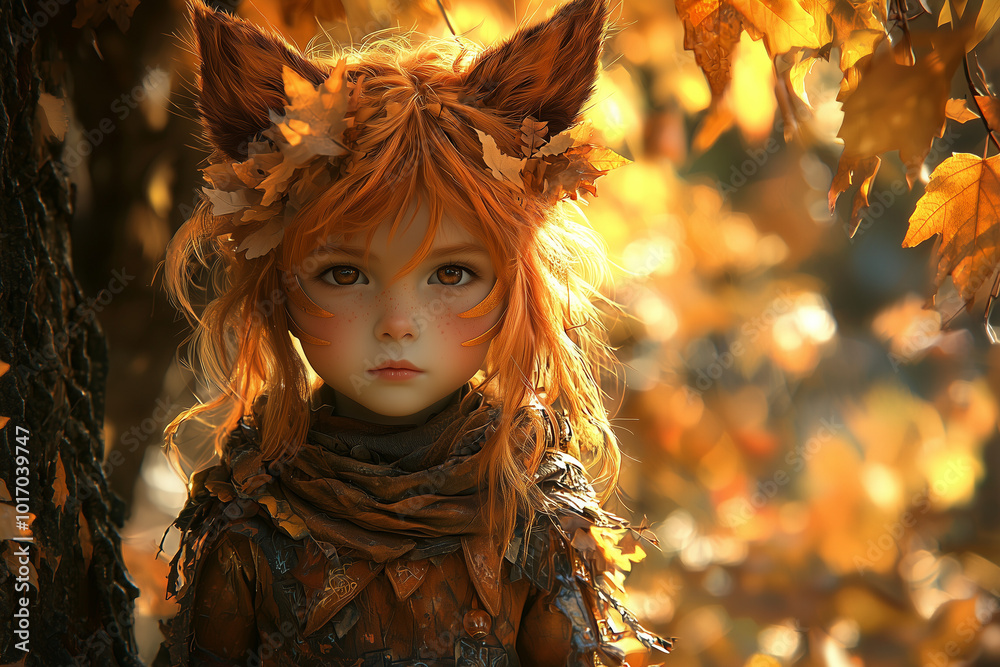 A child in a halloween or carnival costume of a fox or squirrel in the autumn forest A child in a halloween or carnival costume of a fox or squirrel in the autumn forest
