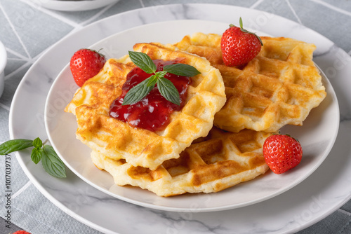 Waffles with strawberry jam and strawberries for breakfast