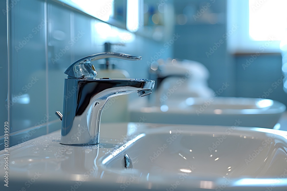 Modern Bathroom Sink with Chrome Faucet and Soft Lighting
