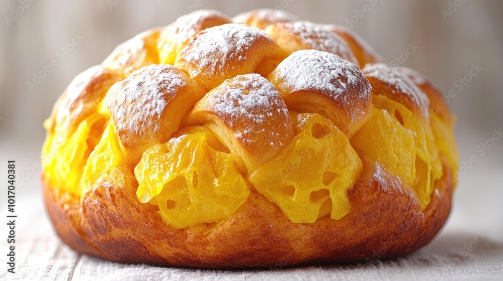 A beautifully baked cheese bread with a braided texture and a sprinkle of powdered sugar A beautifully baked cheese bread with a braided texture and a sprinkle of powdered sugar