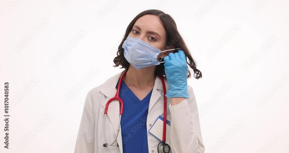 Doctor takes off medical mask giving thumbs up on white background. Woman dressed in coat and blue gloves shows professionalism at work Doctor takes off medical mask giving thumbs up on white background. Woman dressed in coat and blue gloves shows professionalism at work