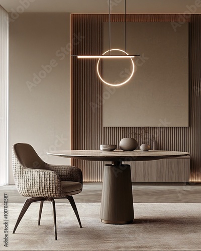 Modern dining room interior with round table, chair, and geometric pendant lamp.