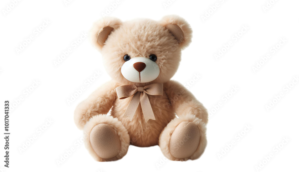 Obraz premium Adorable fluffy teddy bear with a soft beige fur and ribbon bow, sitting against a light background, symbolizing comfort, childhood memories, and warmth.