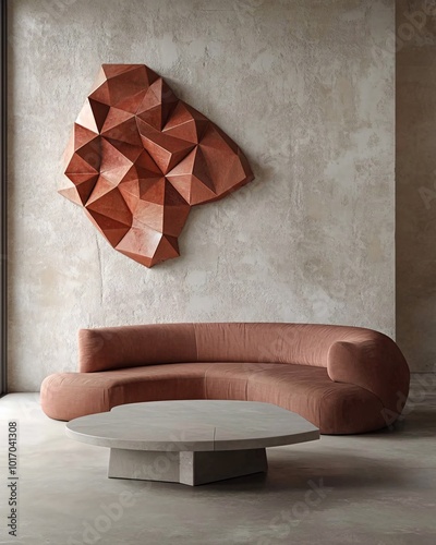 Modern living room interior with curved sofa, coffee table and abstract wall art.