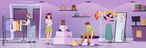 Clothes boutique. Fashion characters in retail market exact vector background in various concept scenes
