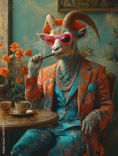A colorful anthropomorphic goat in a bright floral costume sits at a table and smokes a cigar in sunglasses