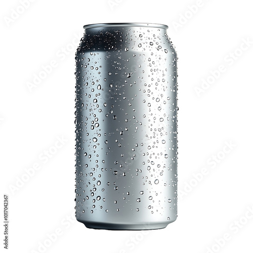 An aluminum soda can with water droplets isolated on transparent background.