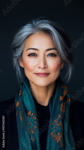 A woman with gray hair and a warm smile looks directly at the camera wearing a teal scarf with orange floral designs.