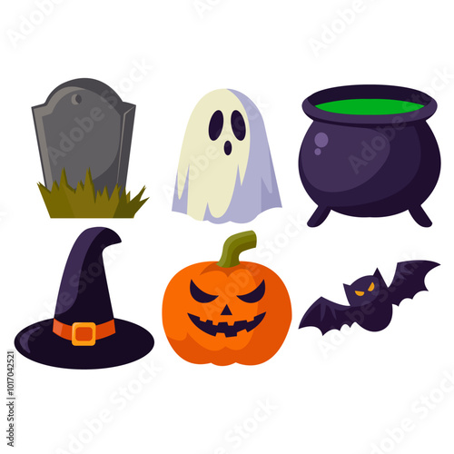 Spooky Halloween Icons Featuring Witch Hat and Pumpkin