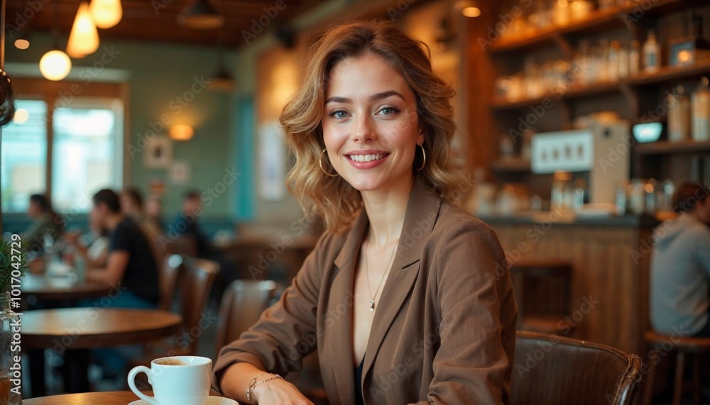 Smiling Woman Relaxing with Coffee in a Cozy Café Smiling Woman Relaxing with Coffee in a Cozy Café