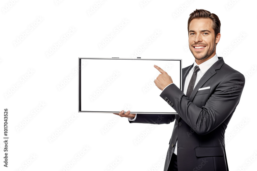 Smiling Young Male Marketing Manager in a Suit Holds and Points at a Blank Interactive Screen. Isolated on Transparent Background. PNG. Great for Mockups and Presentations., PNG Smiling Young Male Marketing Manager in a Suit Holds and Points at a Blank Interactive Screen. Isolated on Transparent Background. PNG. Great for Mockups and Presentations., PNG