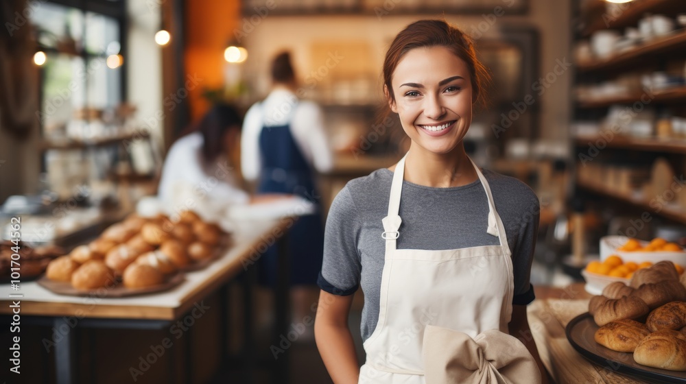 Charming french baker smiling while crafting fresh bread and pastries in her cozy bakery shop Charming french baker smiling while crafting fresh bread and pastries in her cozy bakery shop