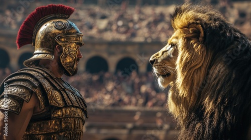 A fierce encounter between a gladiator and a lion in an ancient arena, showcasing bravery and the thrill of the spectacle. photo