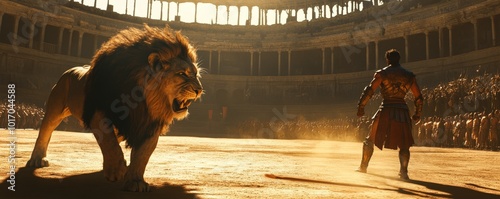A fierce lion faces a gladiator in an ancient arena, showcasing the raw power of nature and the spirit of combat.