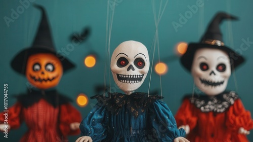 Old-fashioned Halloween puppet show, spooky marionettes performing, flickering lights and eerie shadows in the background photo