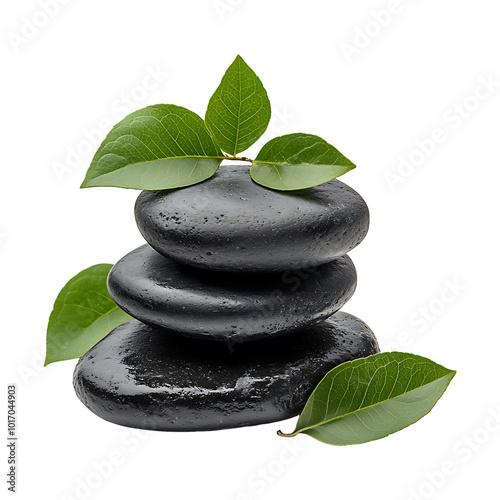 Black spa ambiance with hot stones and lush leaves isolated on transparent background. photo