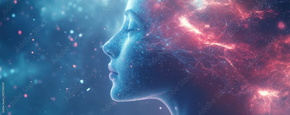 A surreal portrait of a woman with cosmic elements, blending beauty and the universe, showcasing vibrant colors and ethereal energy.