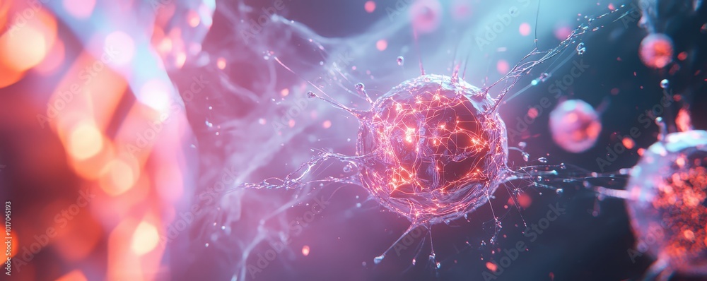 A vibrant close-up of a cell with glowing details, showcasing the beauty of microscopic life in a colorful abstract environment. A vibrant close-up of a cell with glowing details, showcasing the beauty of microscopic life in a colorful abstract environment.