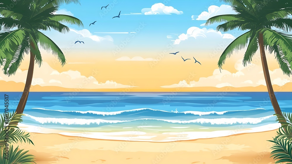 Obraz premium A tranquil beach scene with two palm trees on either side of the frame, framing a view of a blue ocean with white waves, under a bright blue sky with white clouds and flying seagulls.