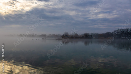 Blue sky with clouds and reflection for background. Keszthely city, Lake Balaton of Hungary