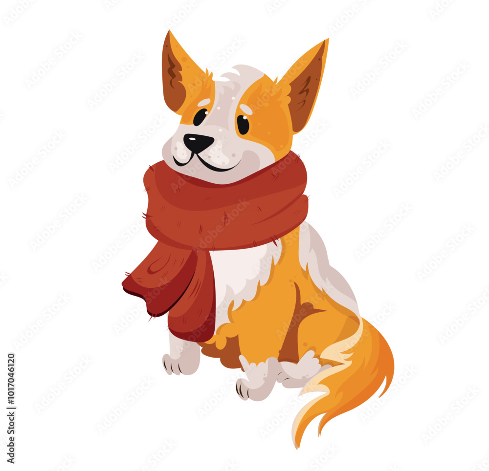 Cute cartoon dog in a red scarf, puppy. Animals in autumn. Vector illustration Cute cartoon dog in a red scarf, puppy. Animals in autumn. Vector illustration