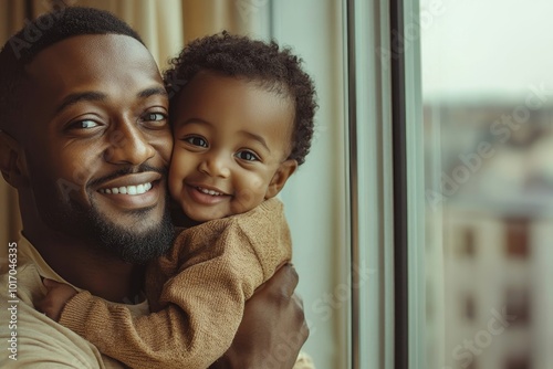 Happy african black parents dad father throw baby son on piggyback and neck riding teasing fun near window. Black baby son and daddy enjoy teasing kiss cheek and neck riding at window, Generative AI photo