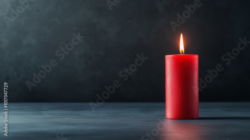 Single red candle burning against dark background, simple and elegant, warm glow for cozy evenings, minimalistic decor for meditation, relaxation, or holiday ambiance photo