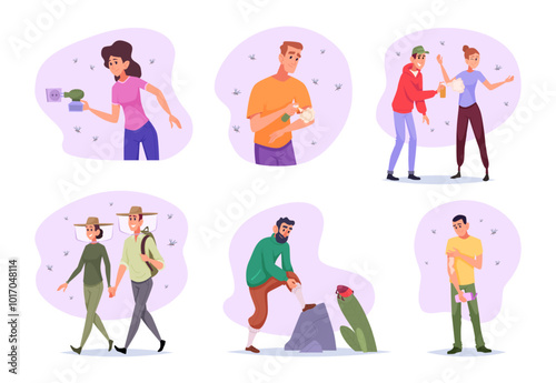 Insect bite. Prevention methods from bite wasps ants and bloodsucker mosquitos exact vector cartoon illustrations