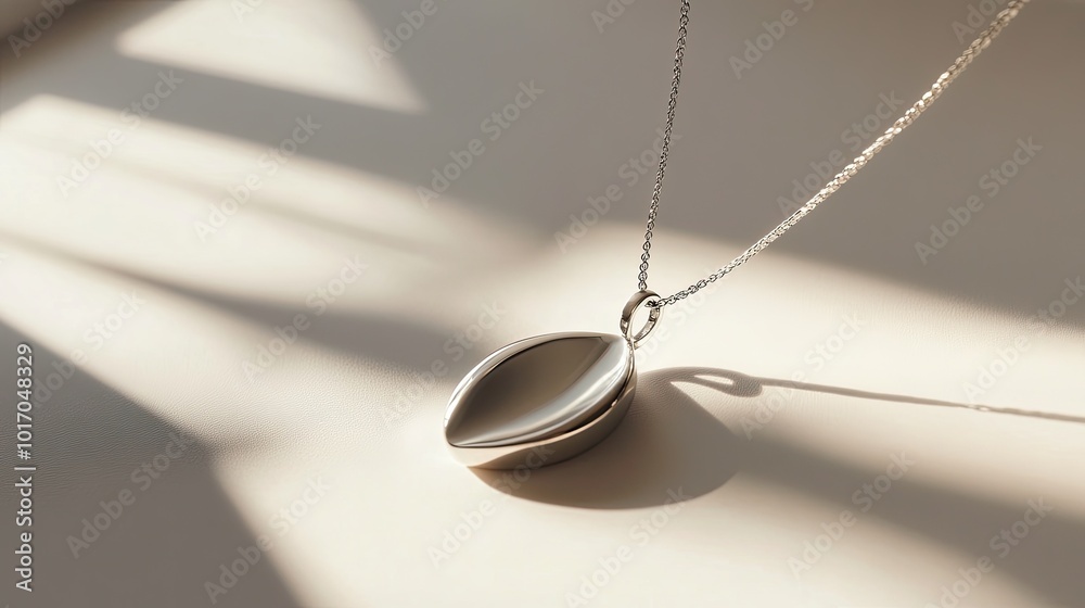 A minimalist silver pendant on a sleek chain, standing out boldly against a clean white background. A minimalist silver pendant on a sleek chain, standing out boldly against a clean white background.