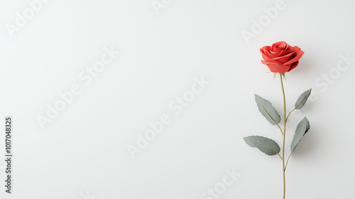 Single red rose stem with green leaves on minimalist white background, elegant floral design for love, romance, Valentine's Day, wedding or anniversary concept photo