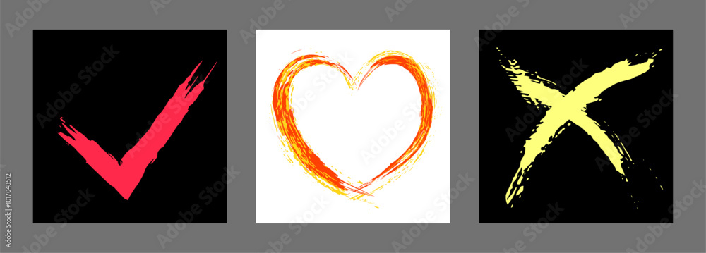 The cross, heart and OK symbol are hand-drawn with a brush. Prohibition, denial, error. Love. Approval, consent. Vector, set of 3 characters The cross, heart and OK symbol are hand-drawn with a brush. Prohibition, denial, error. Love. Approval, consent. Vector, set of 3 characters