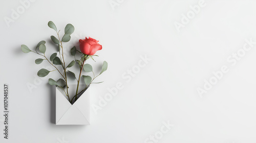 Elegant composition of a red rose and eucalyptus leaves in a white envelope on a minimalist background for romantic messages, Valentine's Day, wedding or special occasions concept photo