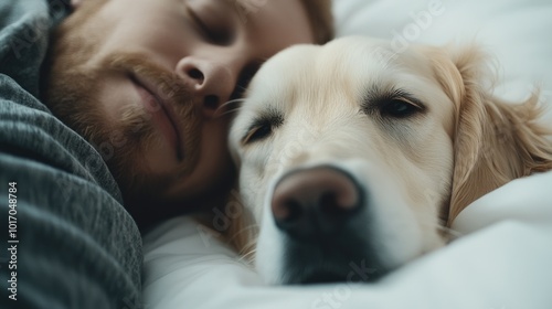 A playful dog nudges its owner awake in a bright, comfortable bedroom, showcasing the tender bond between human and pet during a peaceful morning. photo