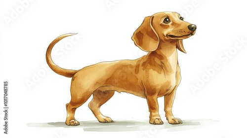 A playful dachshund wagging its tail, its short legs and long body emphasized against a pure white background.