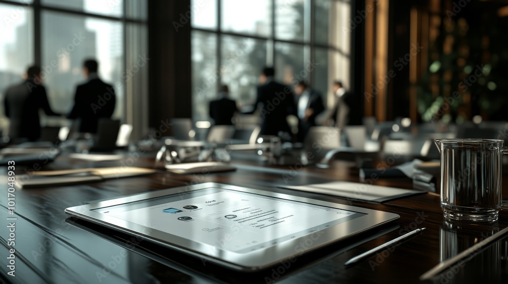 Modern Meeting Room Setup with Tablet on Conference Table