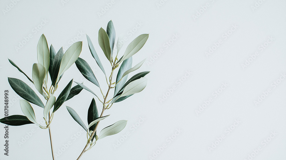 Fototapeta premium two olive branches with rich green leaves, artistically displayed against a pristine white background