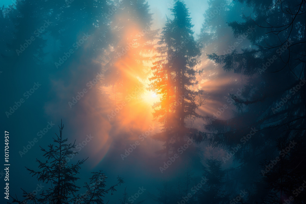 Naklejka premium A forest with trees and a sun shining through the trees