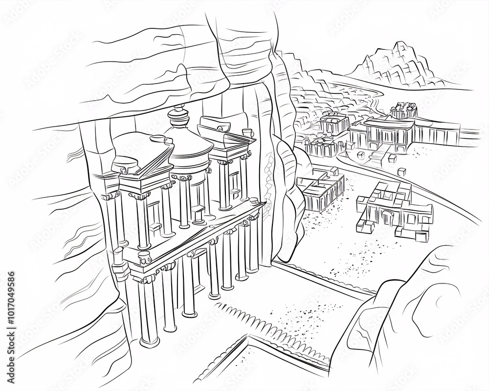 Fototapeta premium A pencil-drawn architectural illustration of Machu Picchu in Peru. 