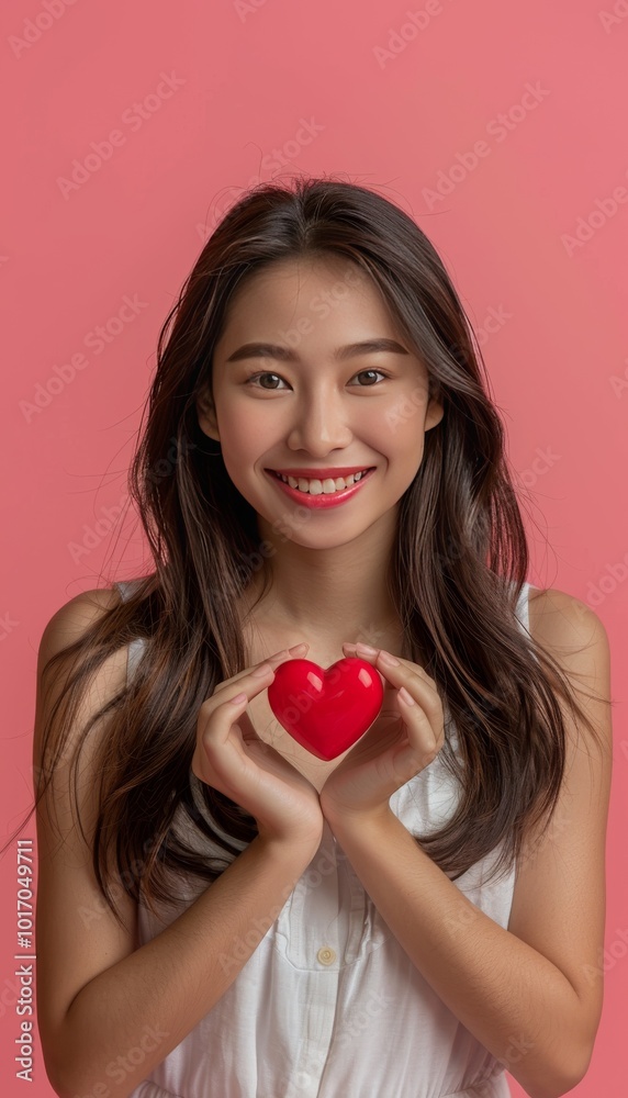 A beautiful, happy Asian woman smiling warmly while holding a small red heart shape symbol against A beautiful, happy Asian woman smiling warmly while holding a small red heart shape symbol against