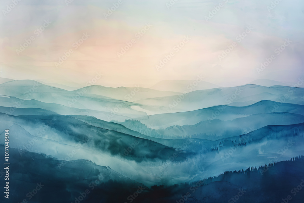 The mountains are covered in blue and white paint, creating a serene The mountains are covered in blue and white paint, creating a serene