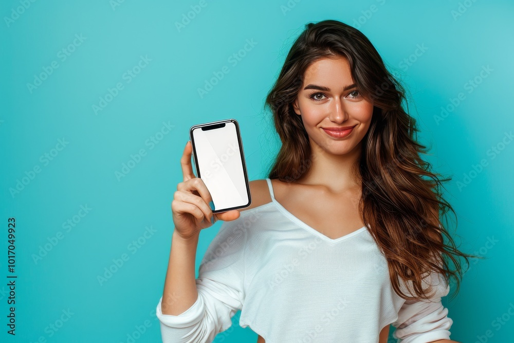 A close-up image a brunette woman holding a mobile phone with a blank screen, pointing sideways