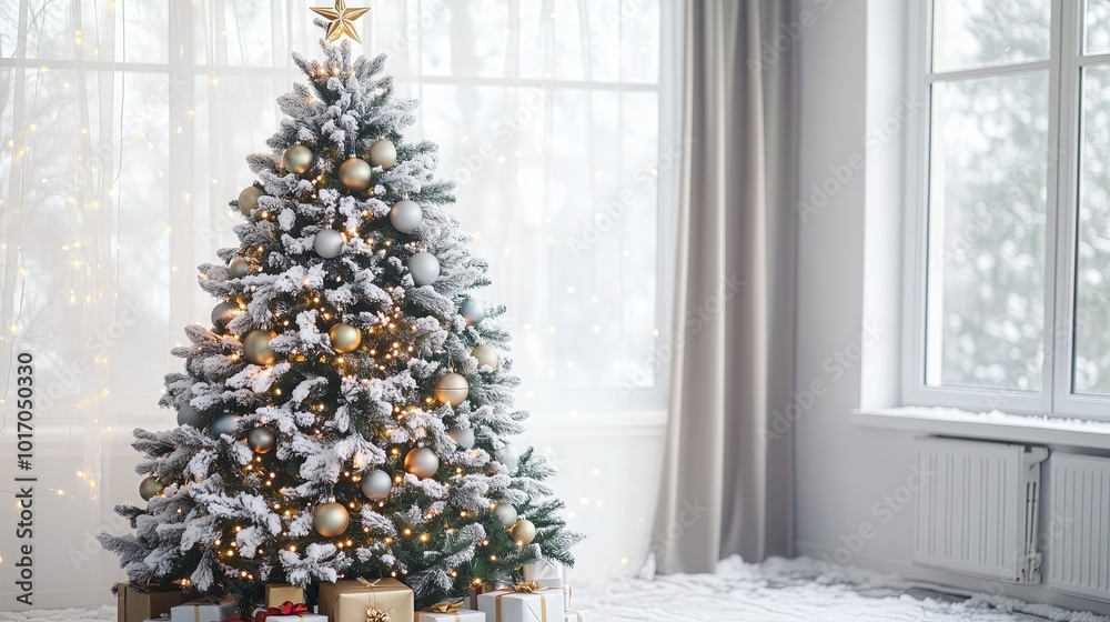Festive Christmas scene: snow-covered tree with golden ornaments. Magical and joyful atmosphere. Festive Christmas scene: snow-covered tree with golden ornaments. Magical and joyful atmosphere.