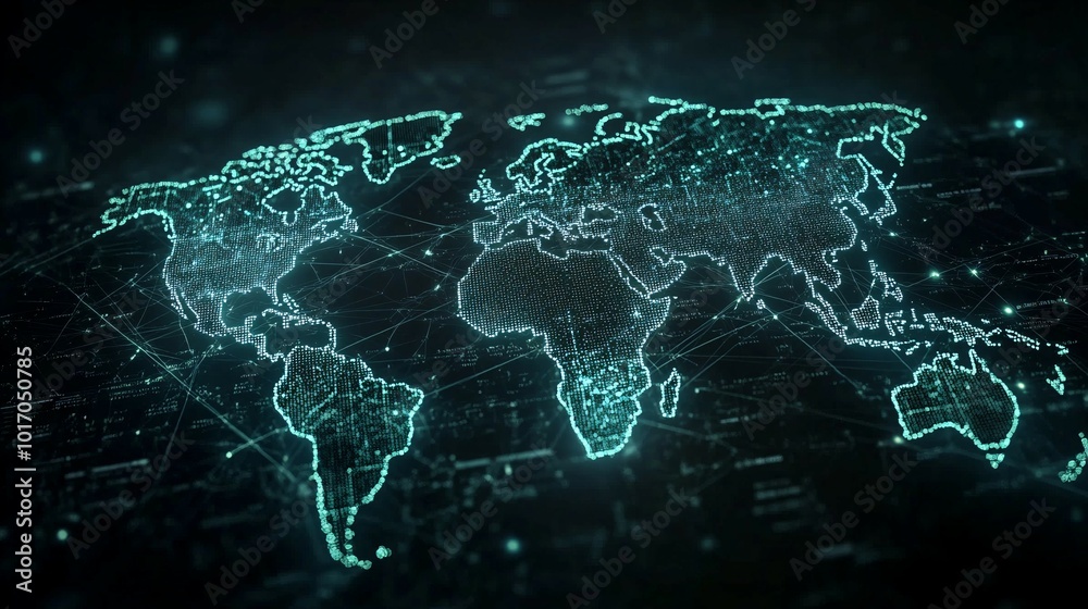 A glowing digital world map with interconnected lines A glowing digital world map with interconnected lines