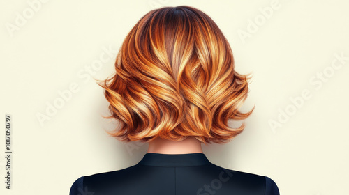 A woman with long, flowing, auburn hair with blonde highlights. The model is facing away from the camera.