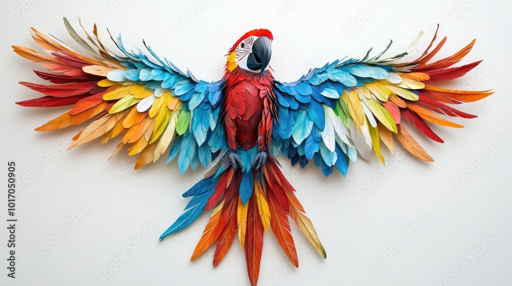 Obraz premium A vibrant parrot with outstretched wings, its colorful feathers in full display, set against a white background.