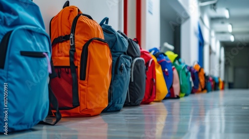 Colorful Backpacks Lined Up Along School Hallway, Ready for Education and Learning