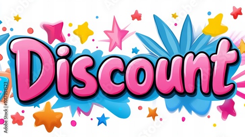 Colorful and playful discount graphic with stars and splatters.