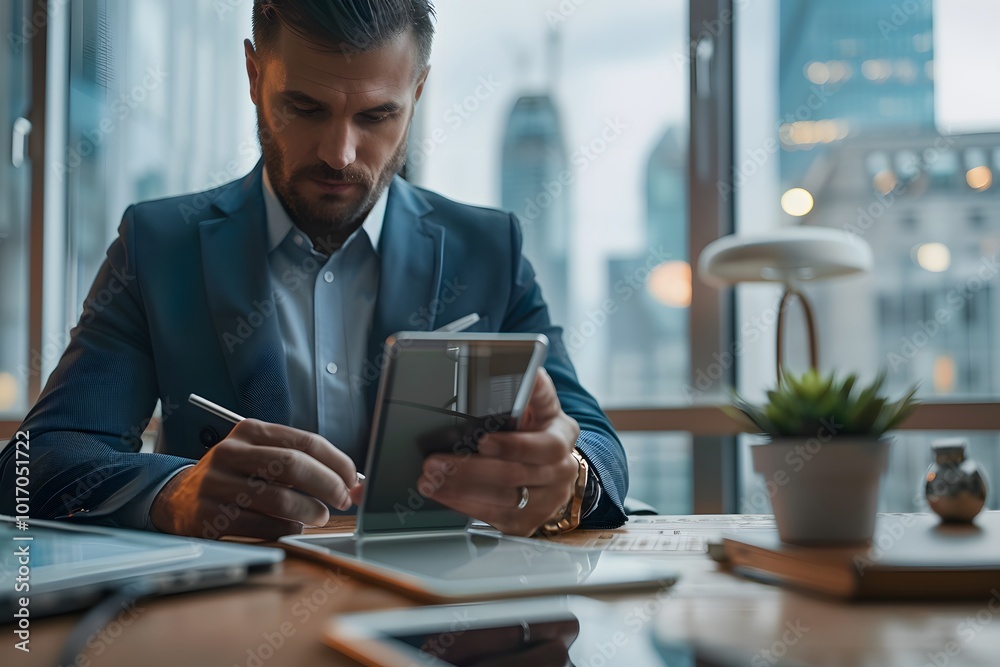 Professional Man Working on a Tablet in a Modern Office Setting Professional Man Working on a Tablet in a Modern Office Setting