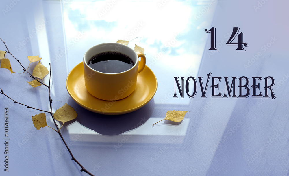Calendar for November 14: numbers 14, name of the month, yellow November mug, autumn leaves on a pastel background Calendar for November 14: numbers 14, name of the month, yellow November mug, autumn leaves on a pastel background